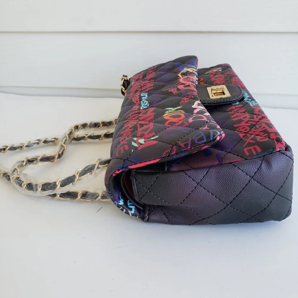 New Graffiti Print Vinyl Handbag with Chain Crossbody Strap - Picture 4 of 7